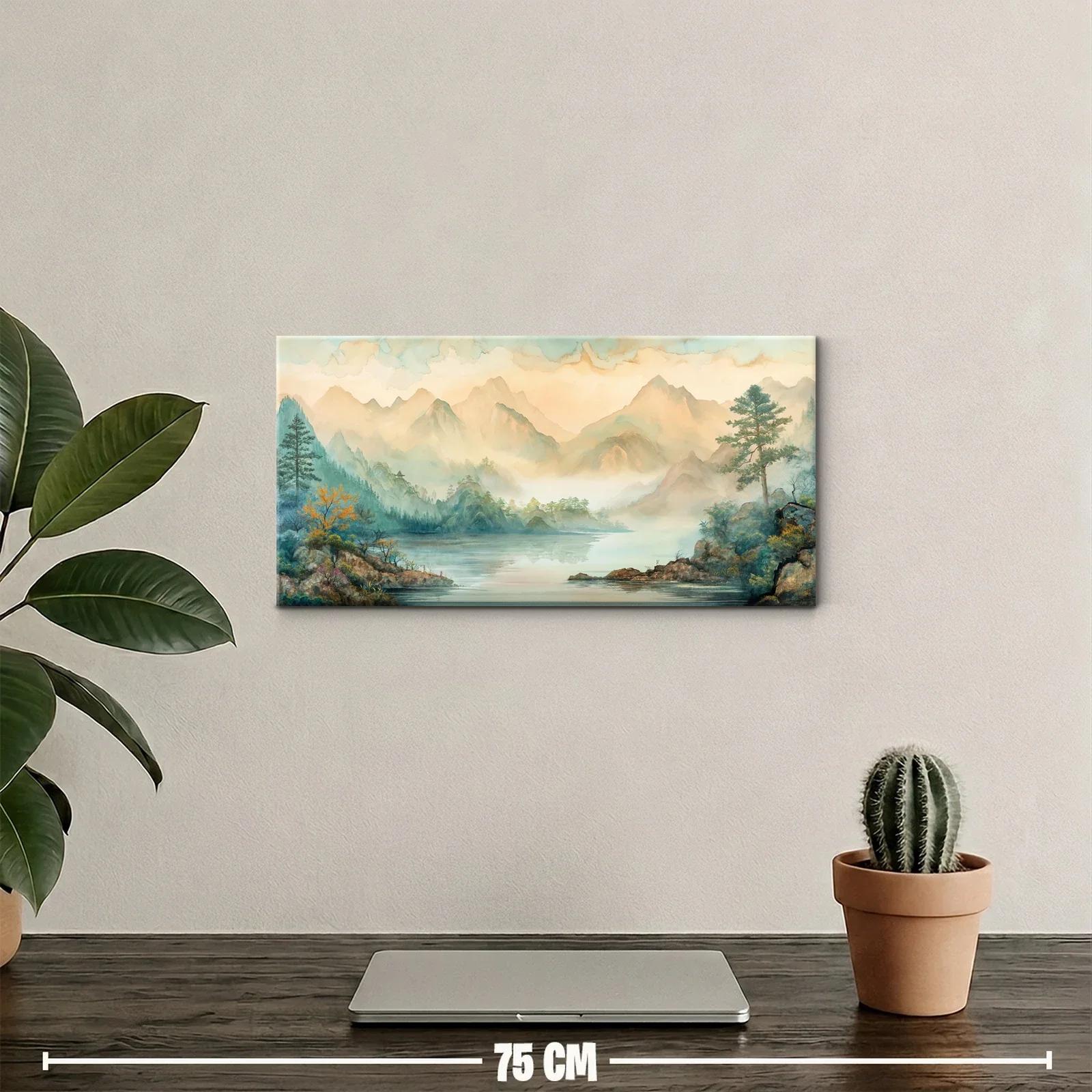 Cuadro lago de montaña con cordillera neblinosa — miniatura 2