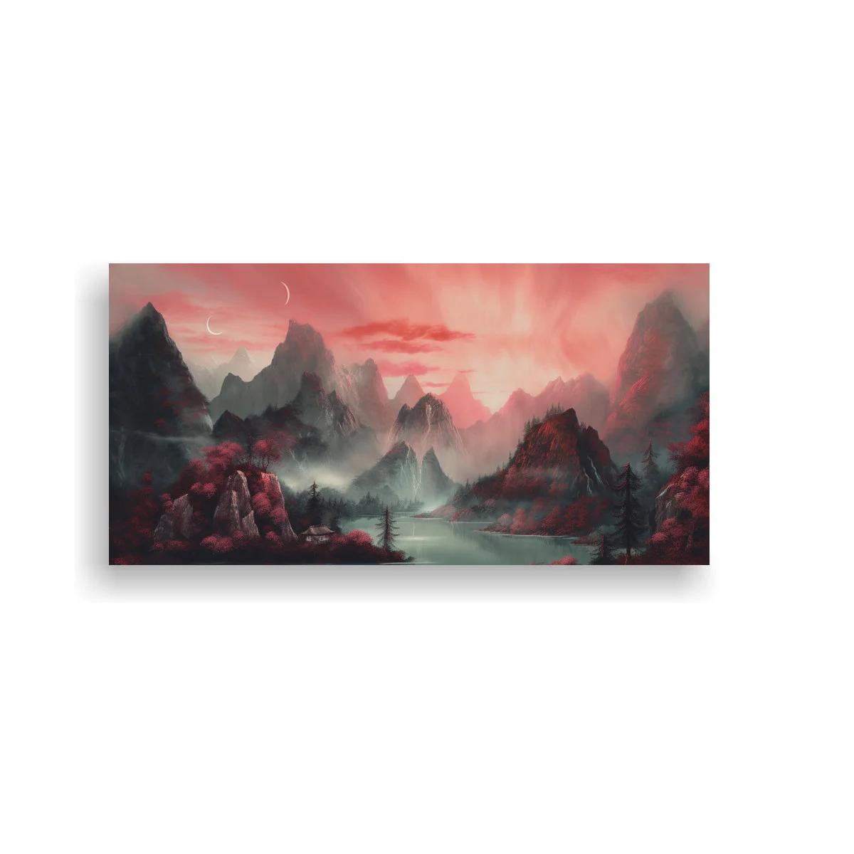 Cuadro paisaje de montañas con lago y cielo luminoso