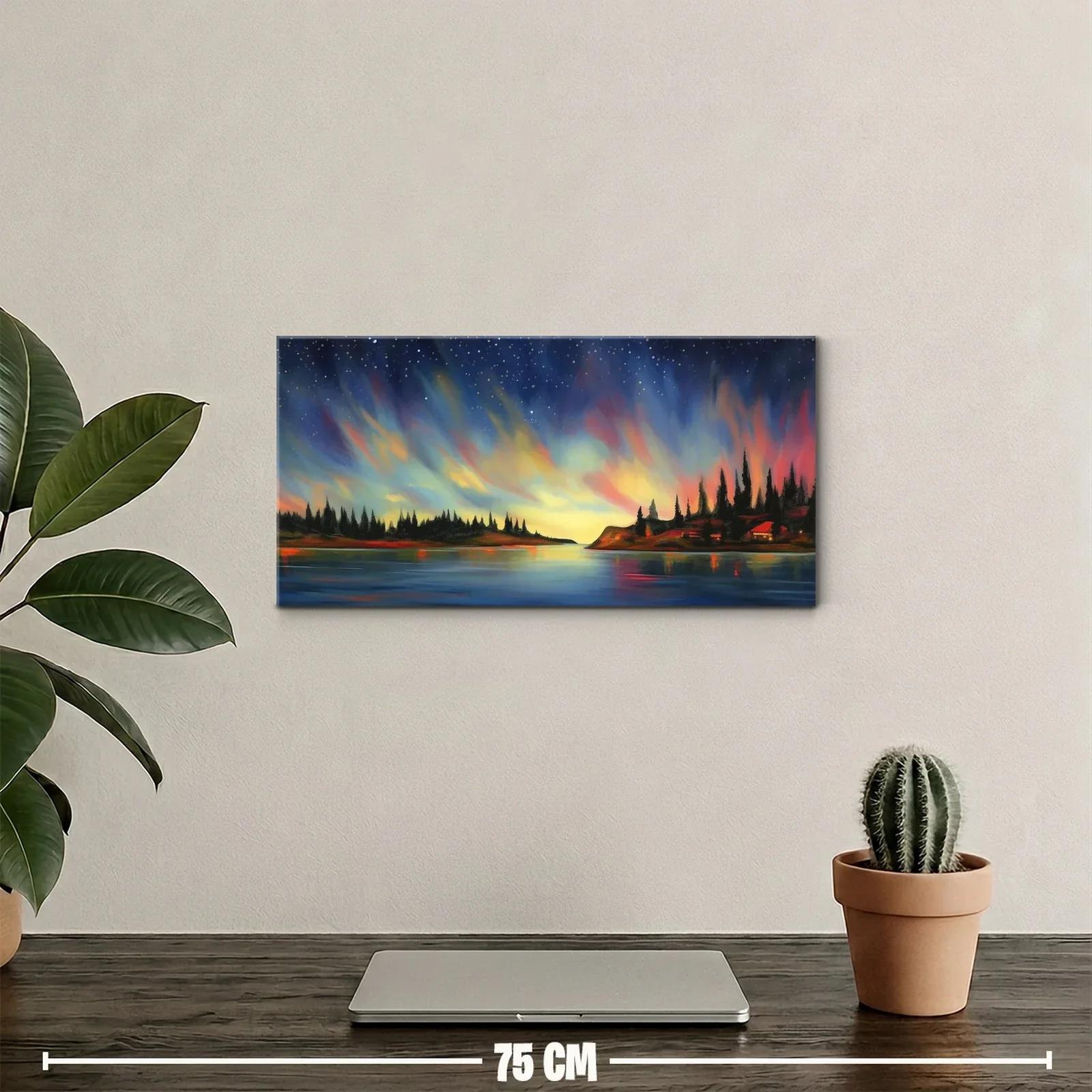 Cuadro aurora boreal sobre un lago con pinos — miniatura 2