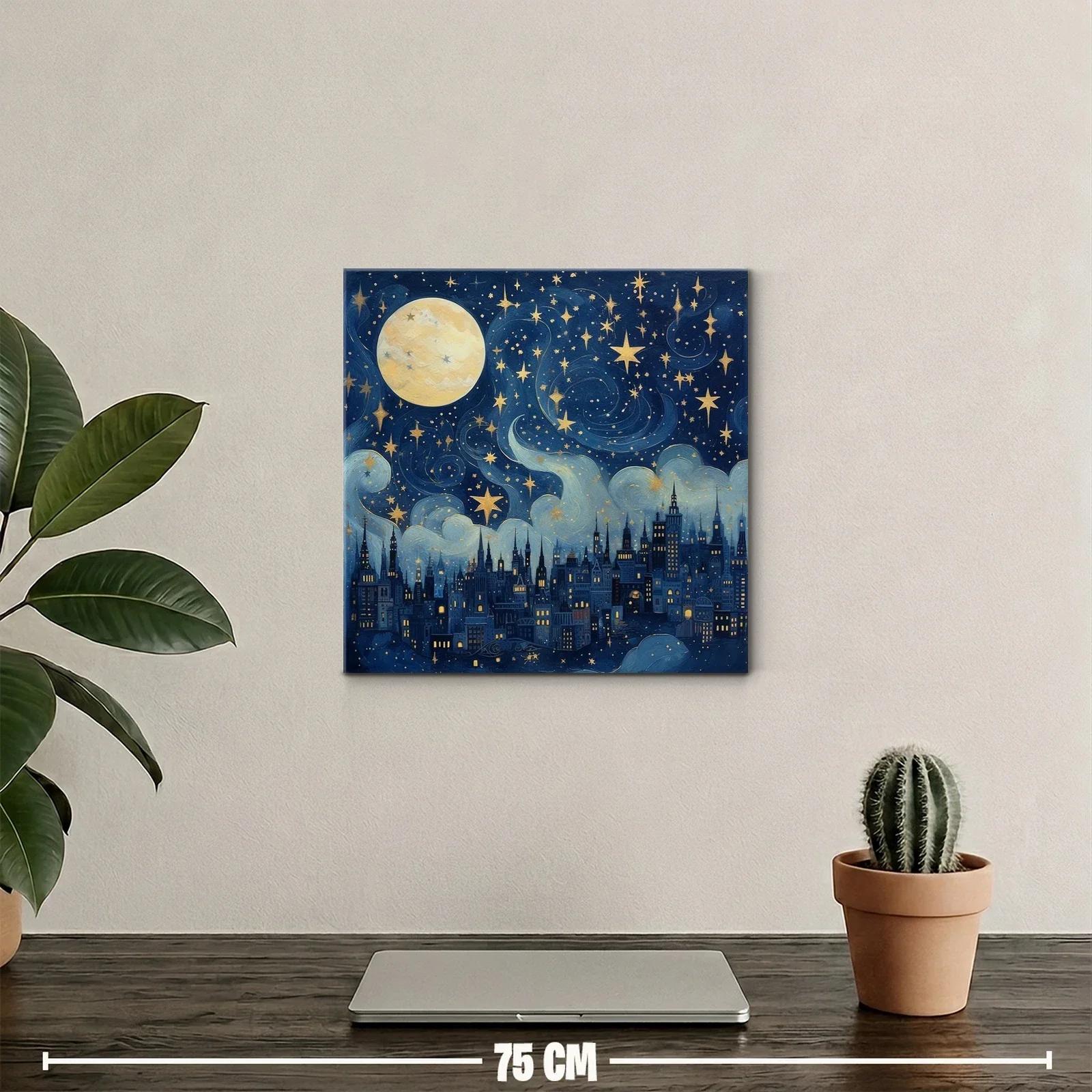 Ciudad nocturna bajo un cielo estrellado con luna llena — miniatura 2