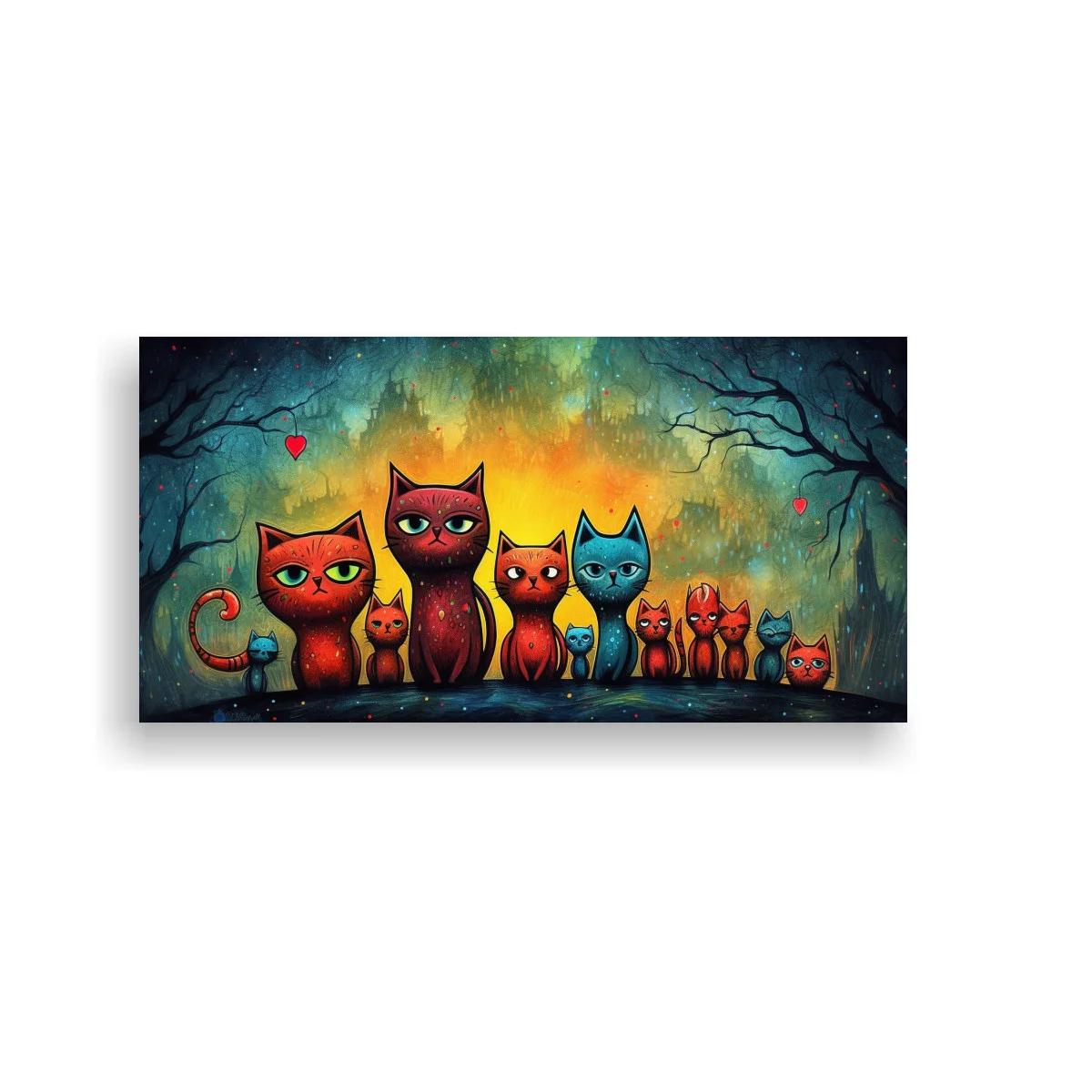 Cuadro fila de gatos de colores con corazones rojos