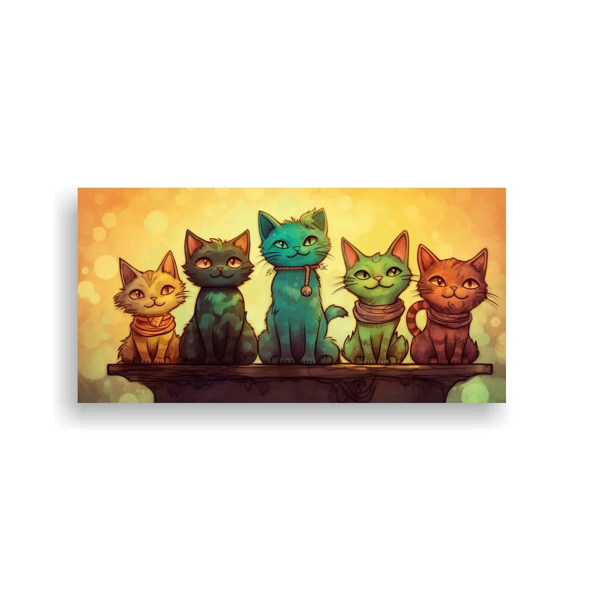 Cuadro cinco gatos sentados con collar y colgante
