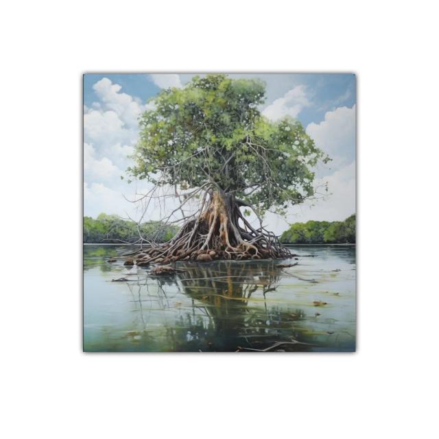 Árbol solitario con raíces expuestas en aguas tranquilas