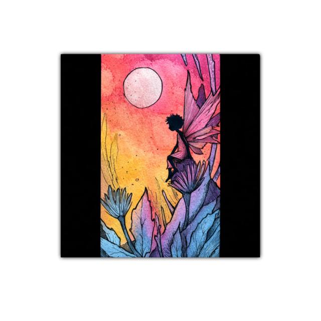 Cuadro con hada silueteada al atardecer en colores vibrantes