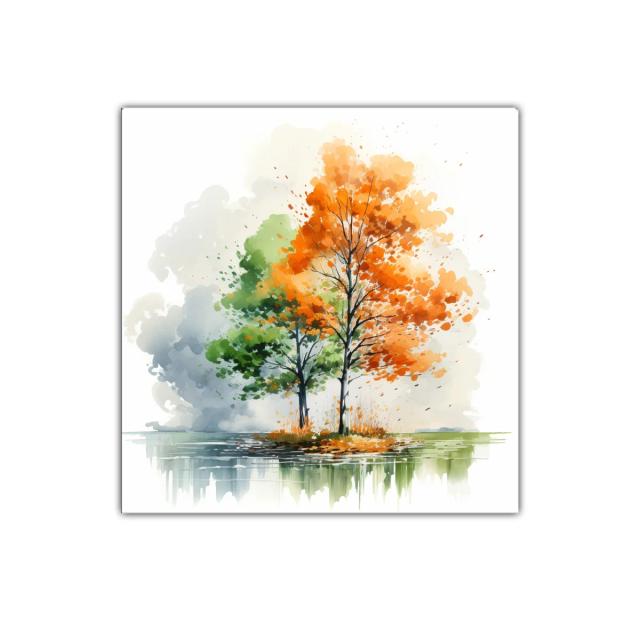 Árboles en otoño con reflejo sereno y colores vibrantes