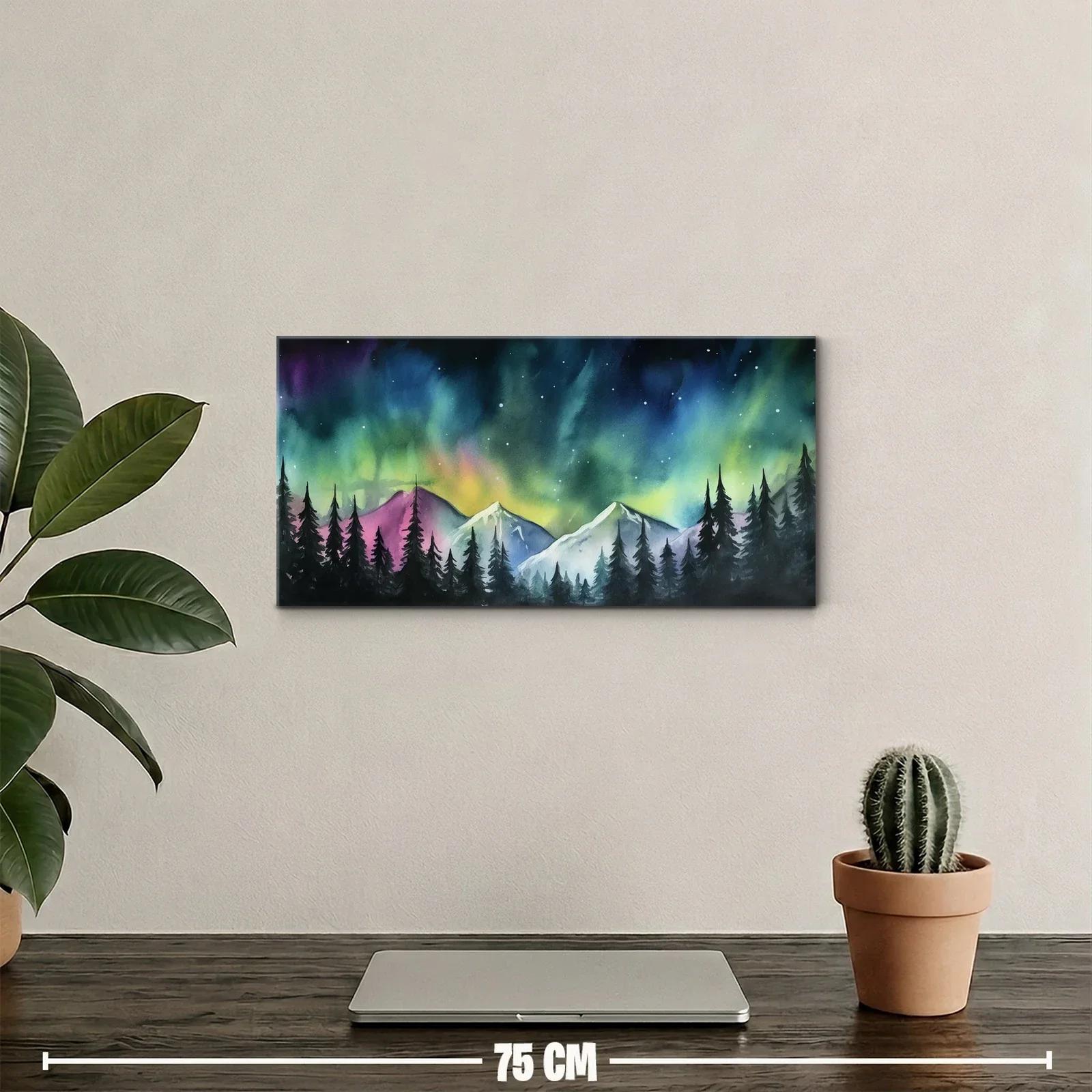 Cuadro aurora boreal sobre montañas nevadas con siluetas de pinos — miniatura 2