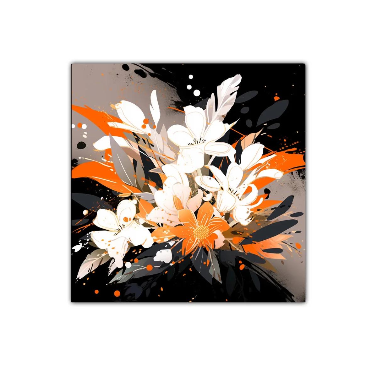 Cuadro moderno con ramo floral en tonos naranjas y negros