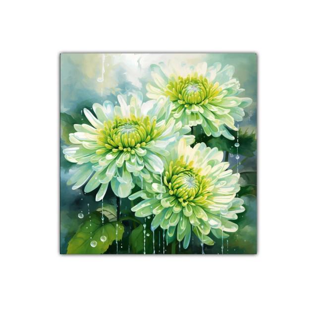 Cuadro con flores verdes y gotas de agua delicadas