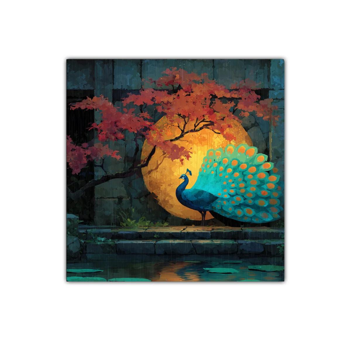 Cuadro decorativo de pavo real con fondo otoñal vibrante — imagen principal