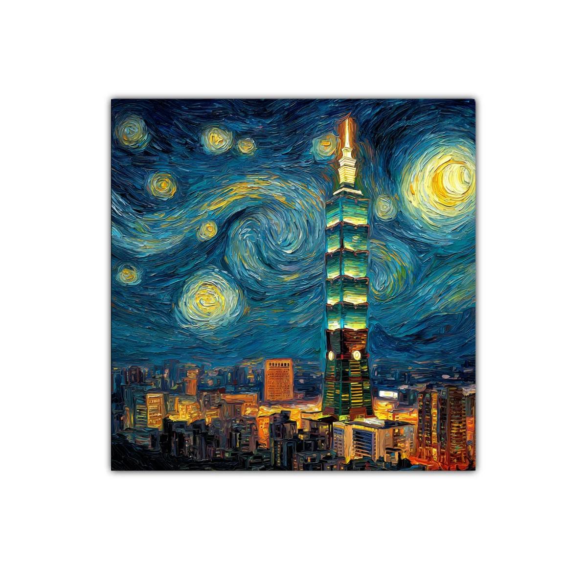 Ciudad nocturna vibrante con torre iluminada al estilo Van Gogh — miniatura 1