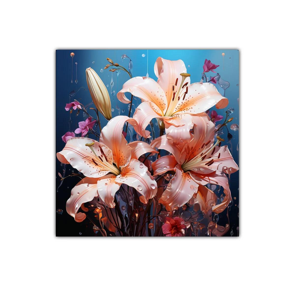 Cuadro decorativo con lirios rosados y fondo degradado azul — imagen principal