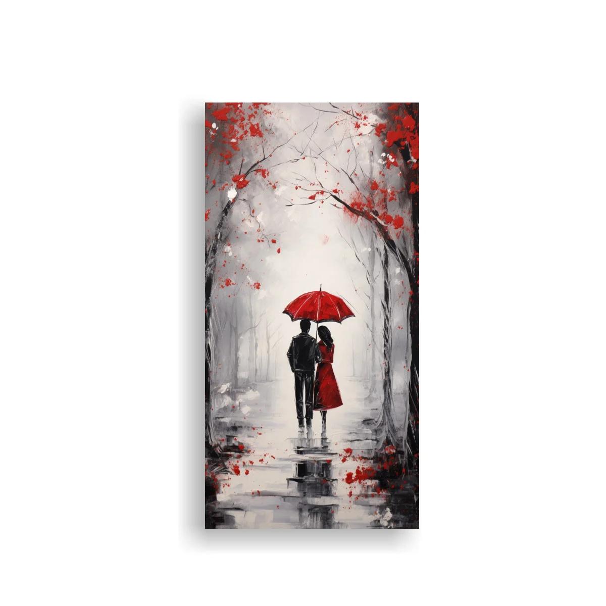 Cuadro pareja bajo un paraguas rojo en camino mojado — imagen principal