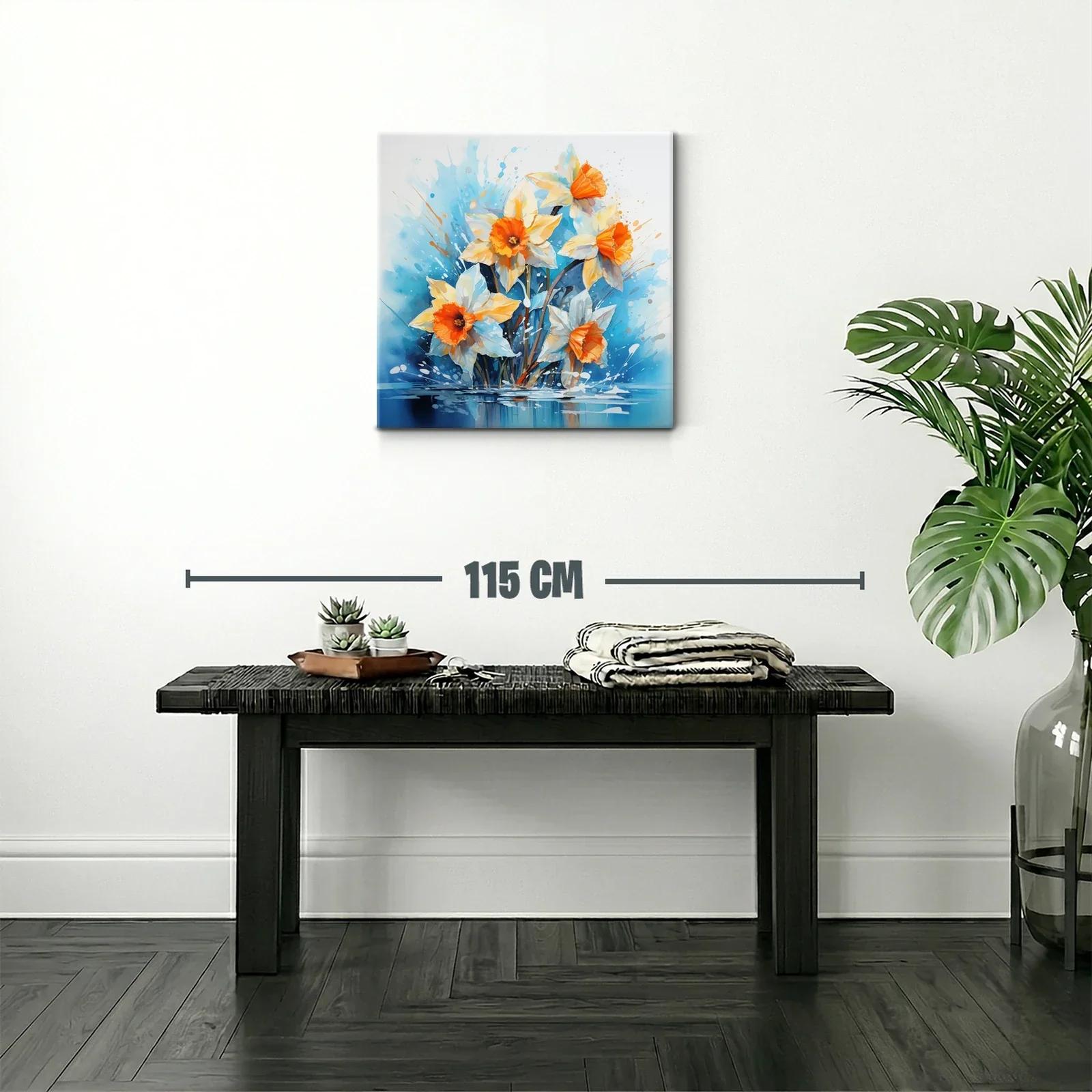 Cuadro floral vibrante con narcisos anaranjados y fondo azul — miniatura 2