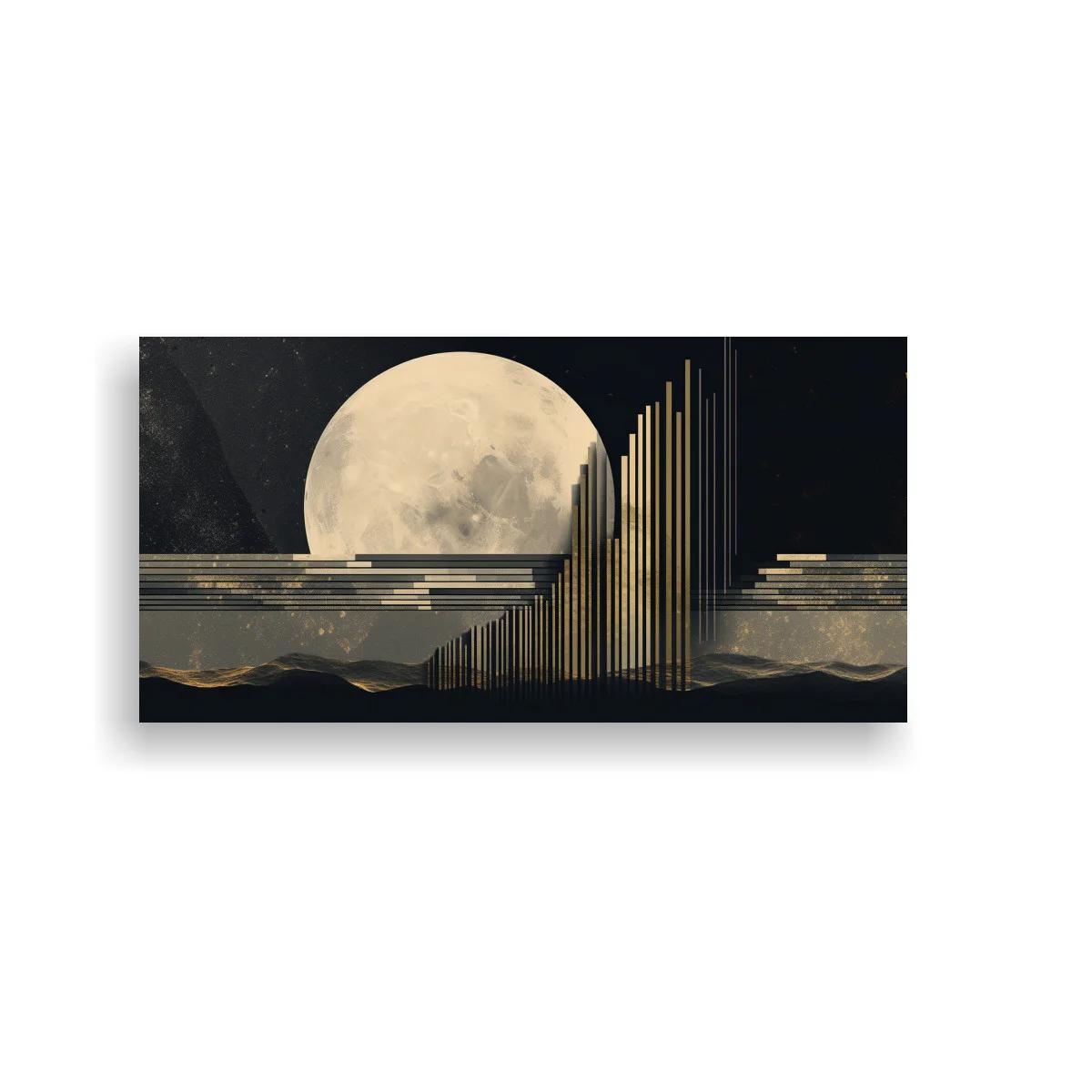 Cuadro luna llena con paisaje geométrico dorado