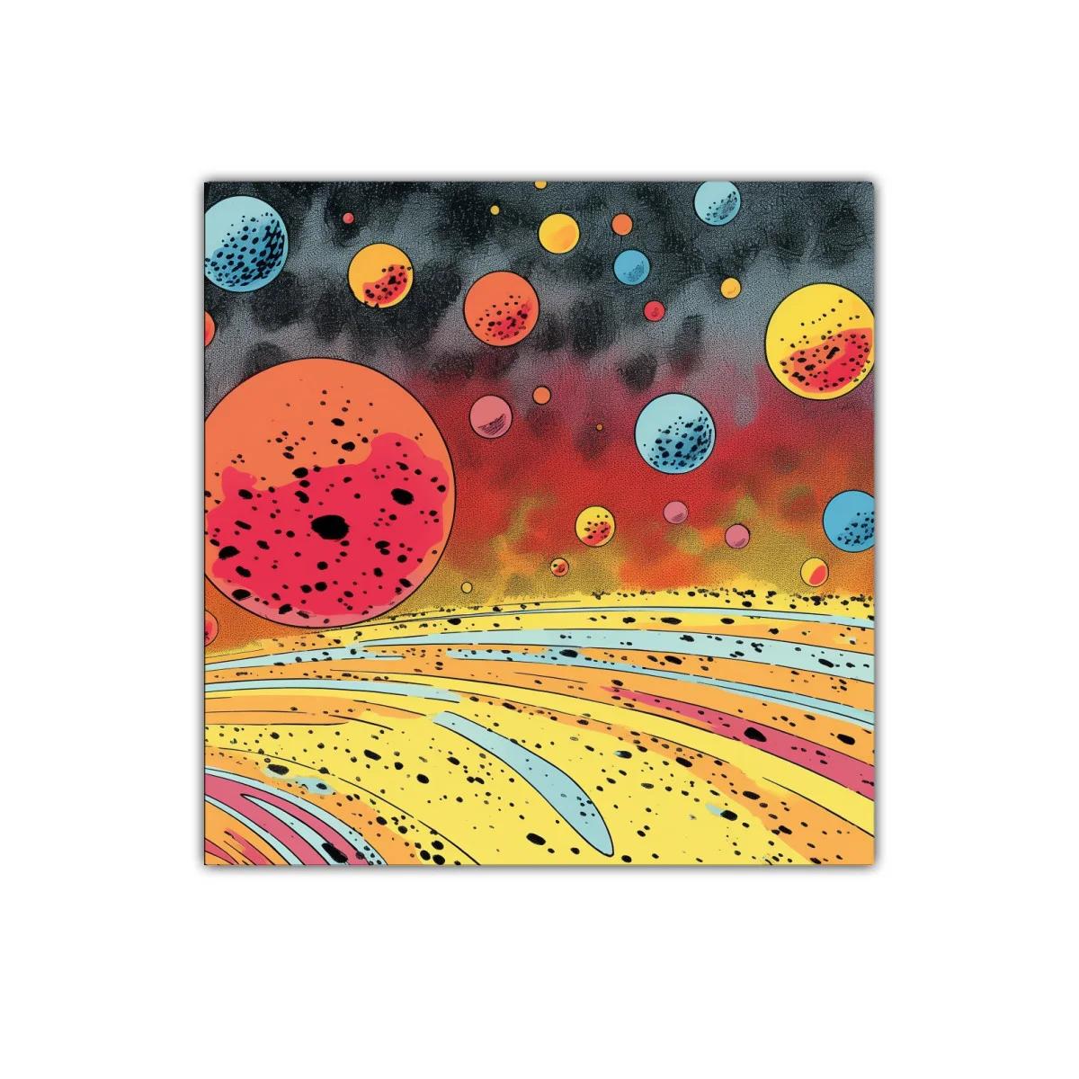 Cuadro abstracto con planetas coloridos y fondo degradado
