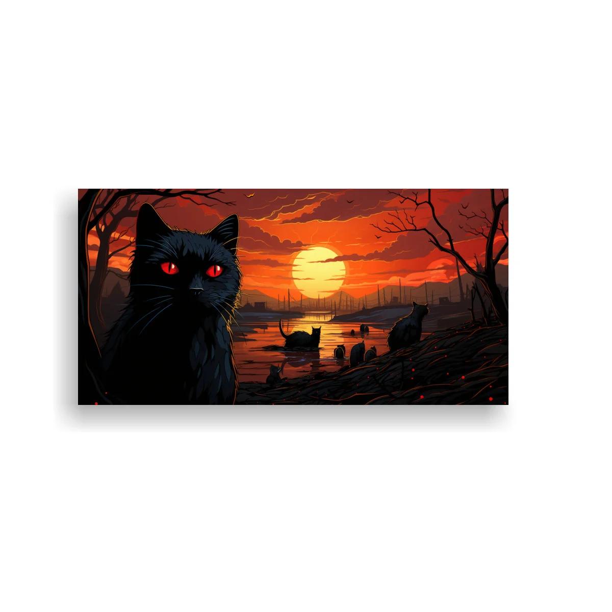 Cuadro gato negro de ojos rojos con barca al atardecer