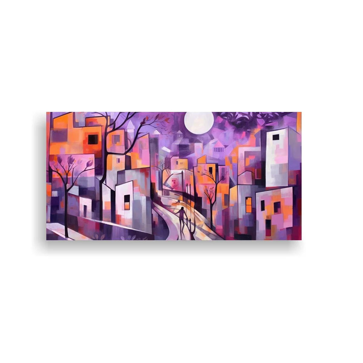 Cuadro pueblo urbano con calle sinuosa y luna blanca — imagen principal