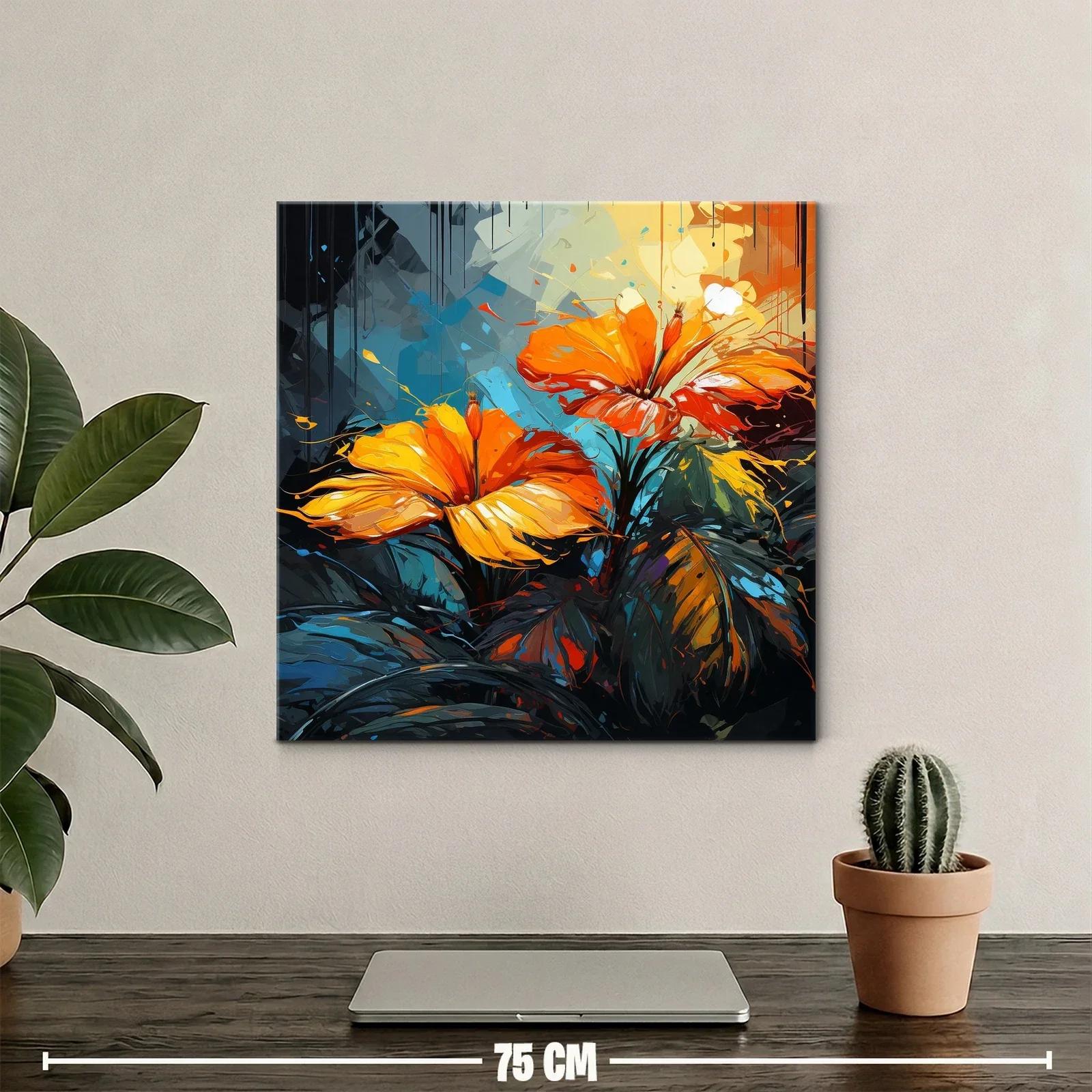 Cuadro vibrante con flores naranjas y hojas oscuras — miniatura 2