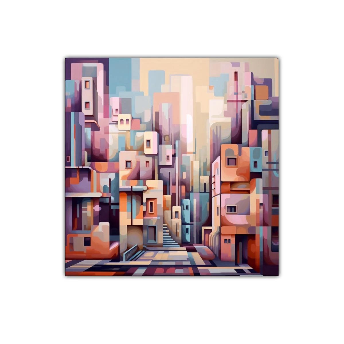 Composición urbana abstracta en tonos pastel y cálidos