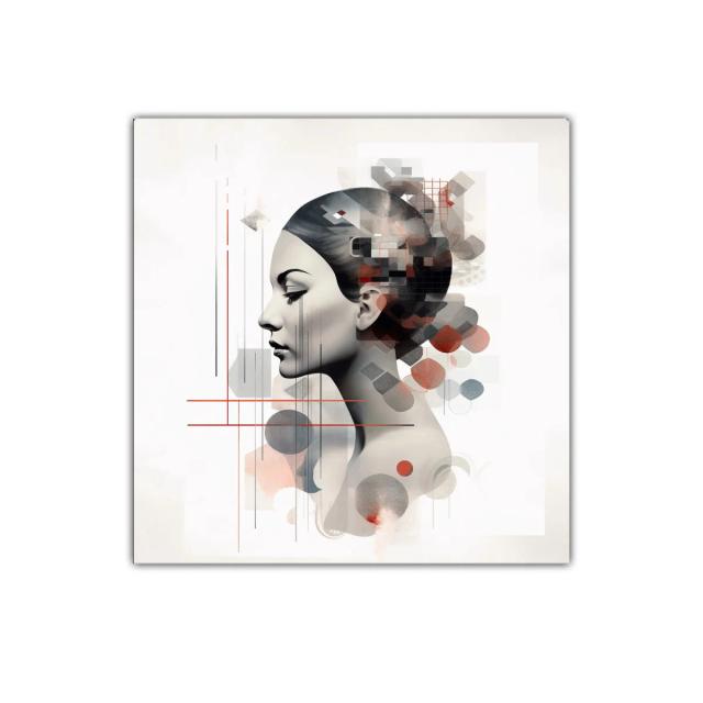 Retrato femenino con abstracción geométrica y tonos cálidos