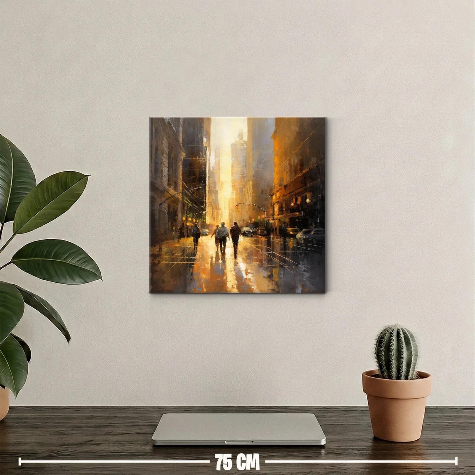 Atardecer urbano con figuras caminando entre edificios — miniatura 2