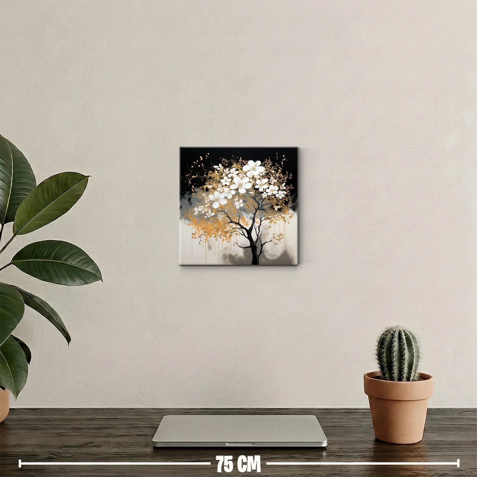 Árbol con Flores Blancas y Detalles Dorados en Fondo Oscuro — miniatura 2