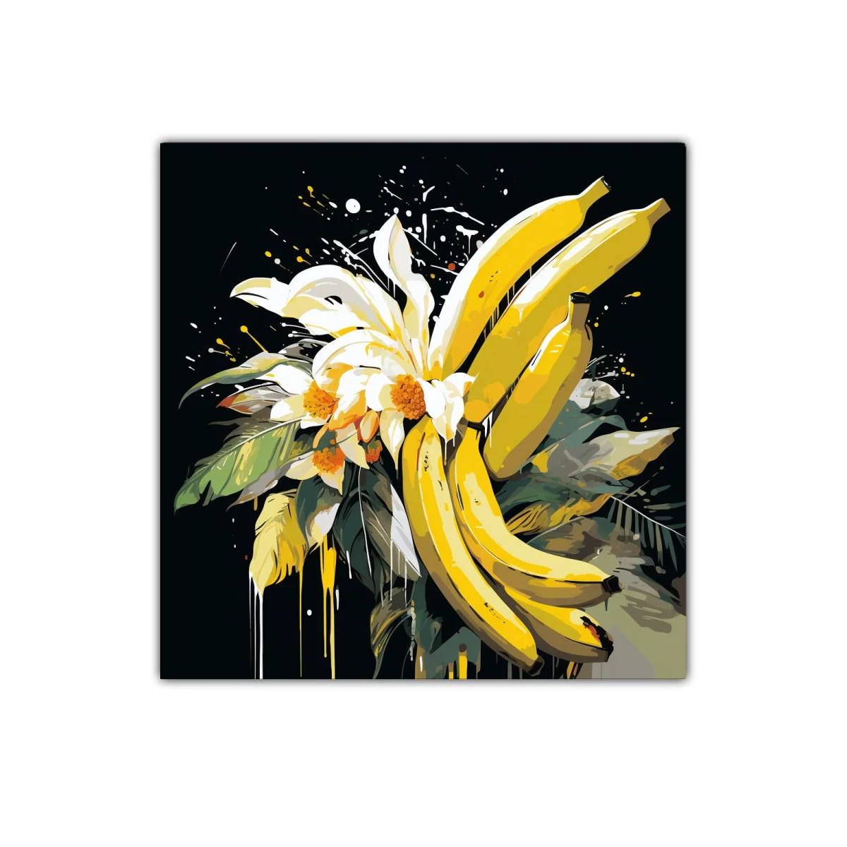 Cuadro decorativo vibrante con plátanos y flores blancas