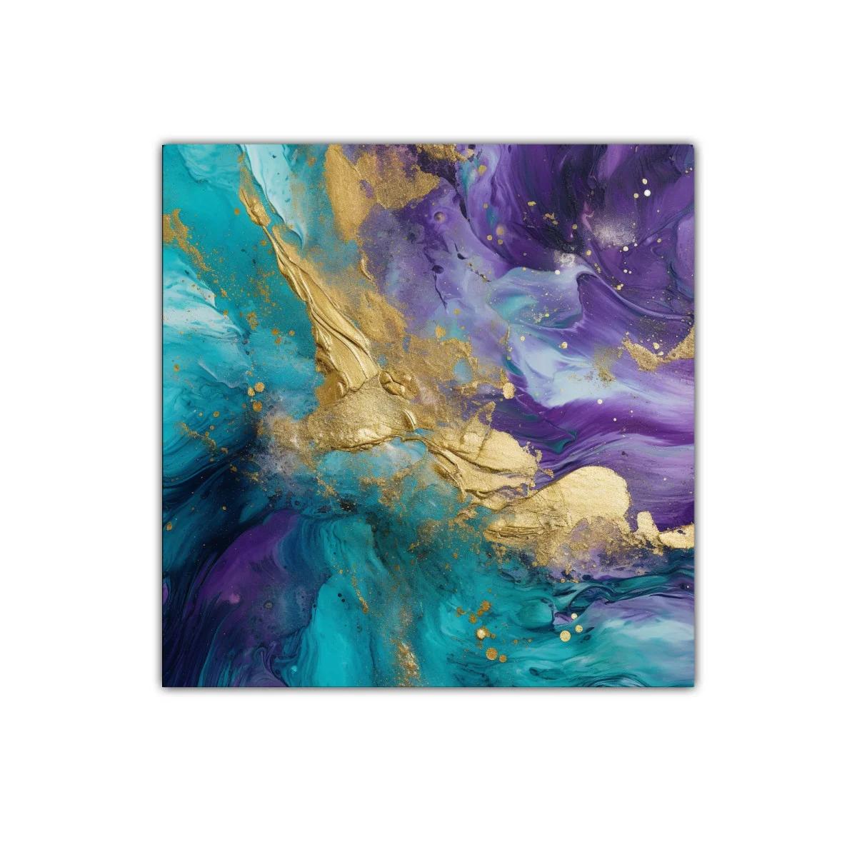 Arte abstracto con tonos turquesa, morado y toques dorados
