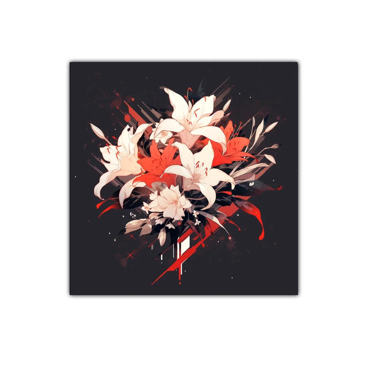 Cuadro decorativo elegante con lirios blancos y rojos vibrantes