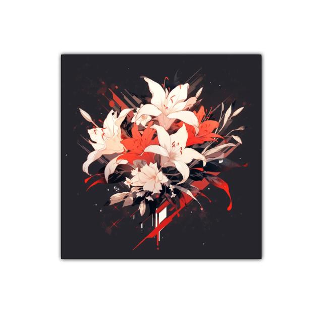 Cuadro decorativo elegante con lirios blancos y rojos vibrantes