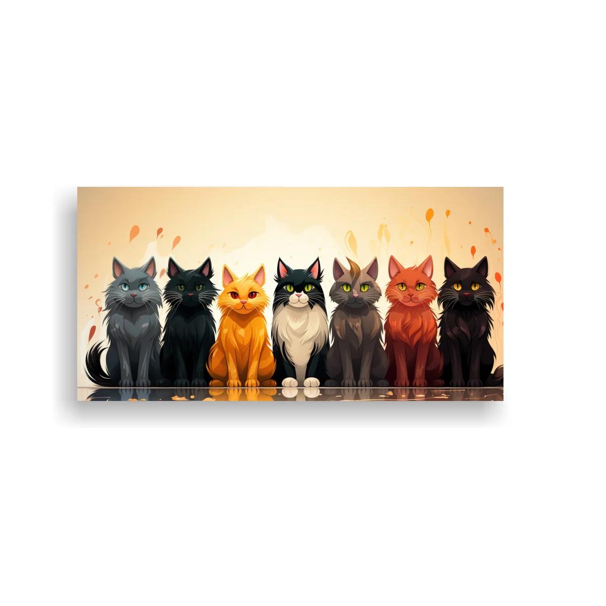 Cuadro seis gatos alineados con fondo claro degradado