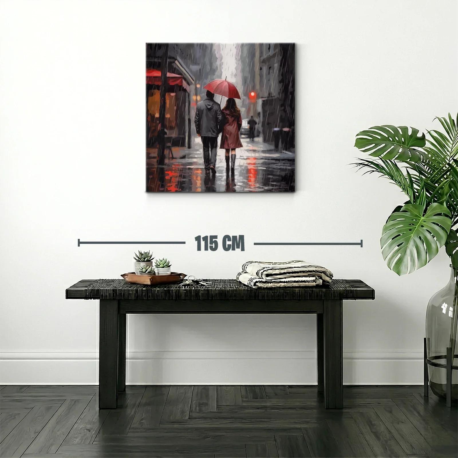 Pareja caminando bajo la lluvia con paraguas rojo — miniatura 2