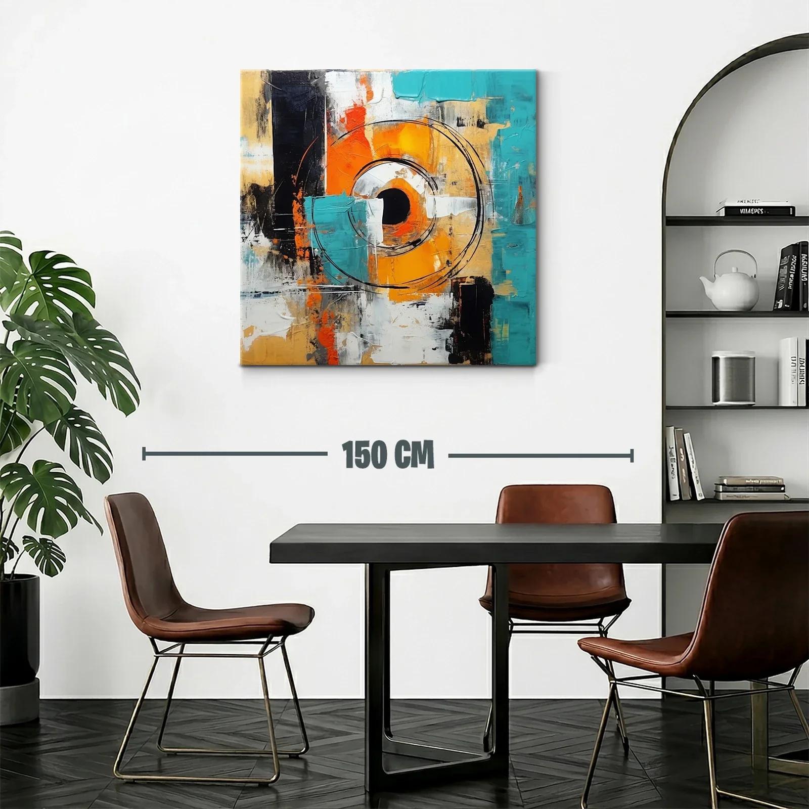 Cuadro abstracto con círculos y tonos vibrantes en azul y naranja — miniatura 2