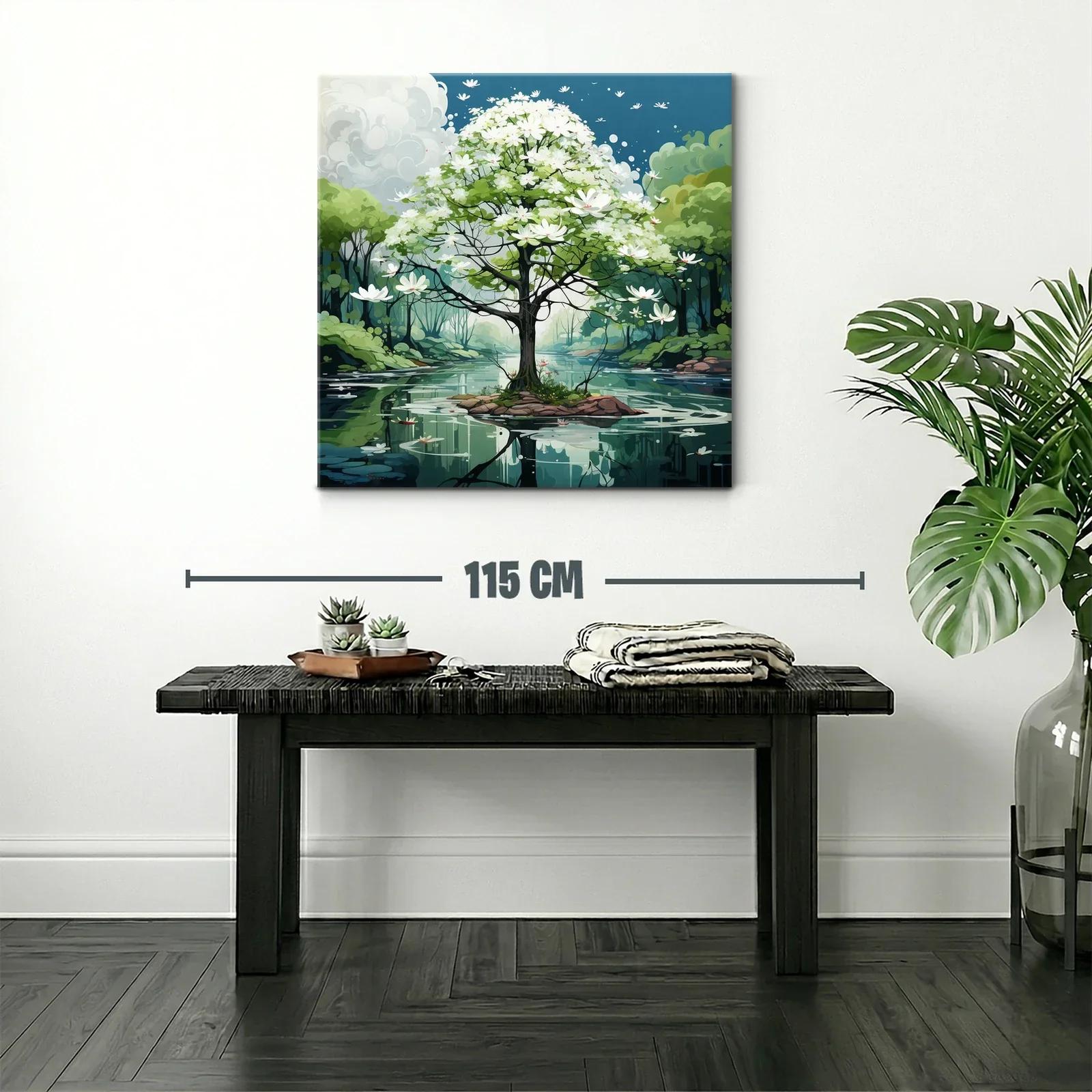 Árbol en flor sobre lago sereno con paisaje natural — miniatura 2