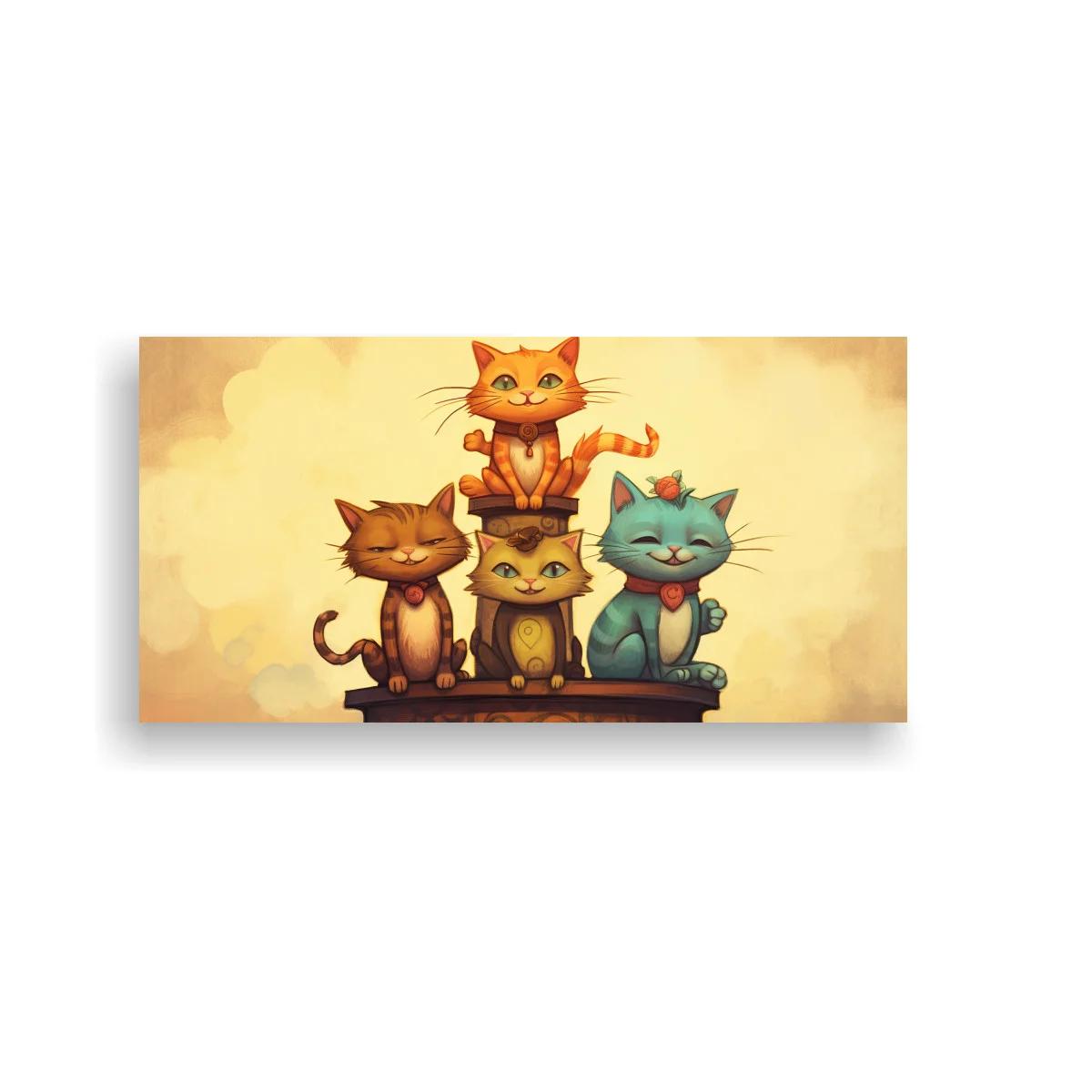 Cuadro de tres gatos caricaturescos con pedestal decorado