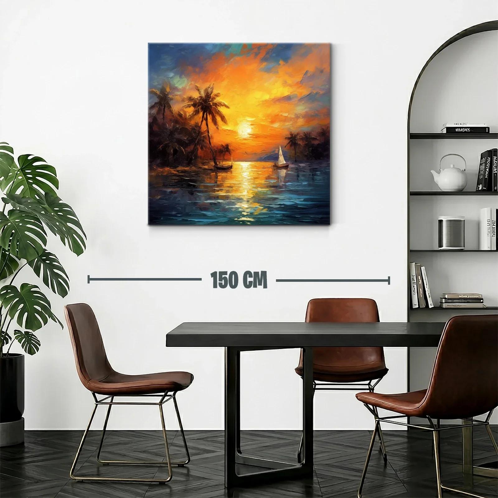 Atardecer tropical con palmeras y barco de vela sobre el mar — miniatura 2