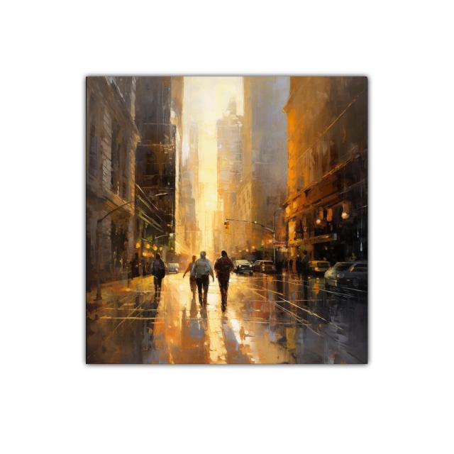 Atardecer urbano con figuras caminando entre edificios