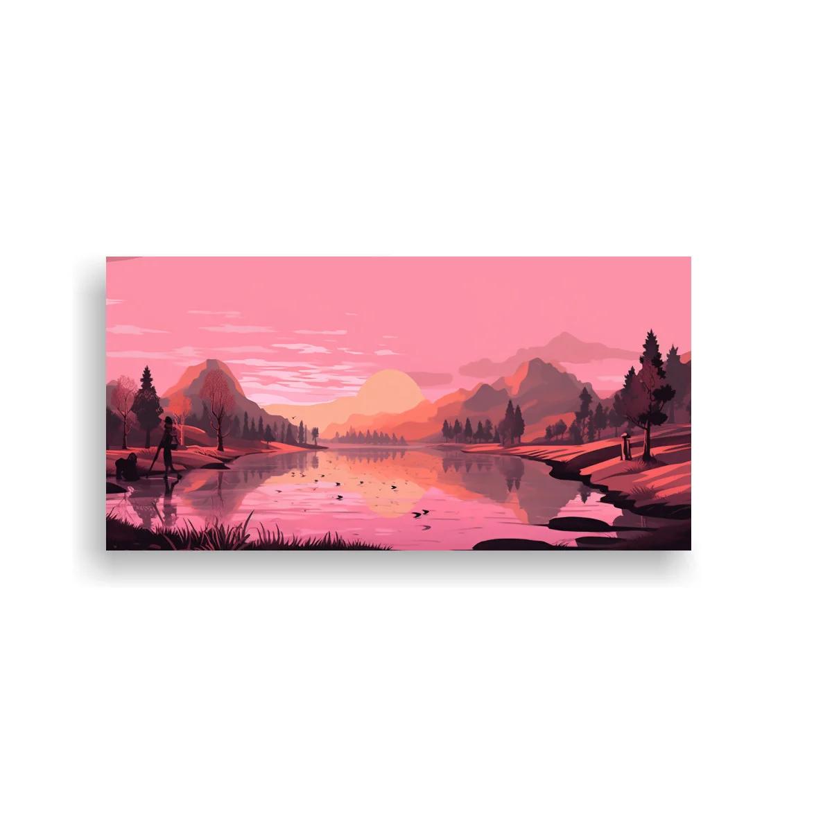 Cuadro paisaje de lago al atardecer con pinos y reflejos rosados