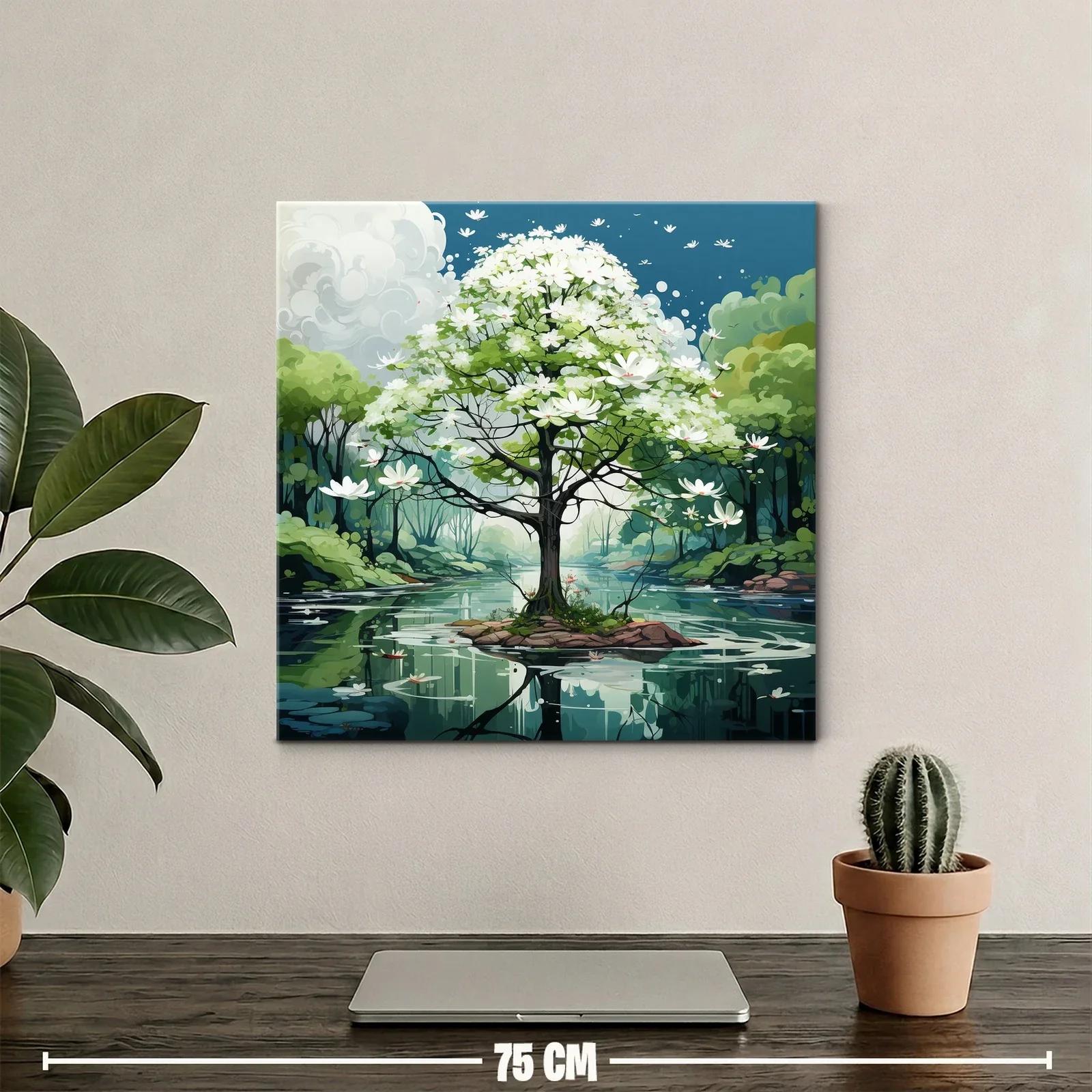 Árbol en flor sobre lago sereno con paisaje natural — miniatura 2