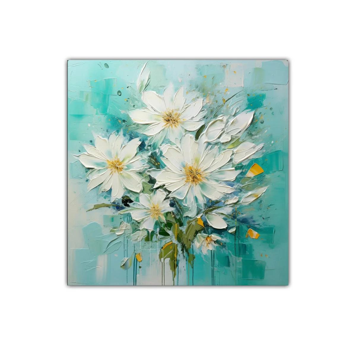 Cuadro decorativo con delicadas flores blancas y fondo azul turquesa — imagen principal