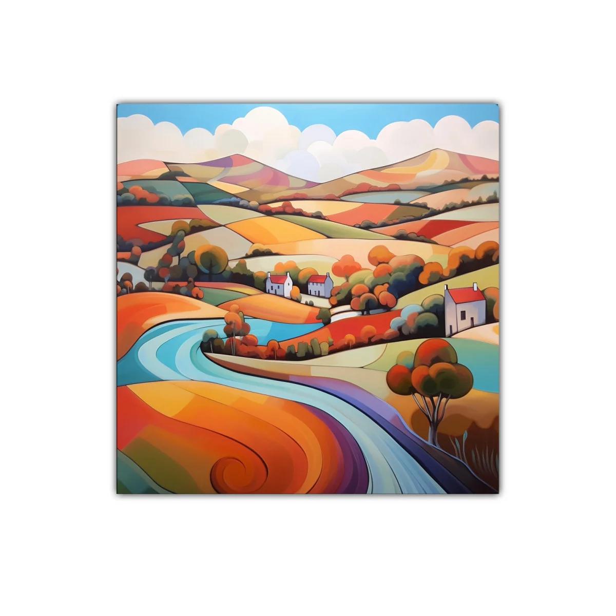 Paisaje colorido con río serpenteante y casas rurales — imagen principal