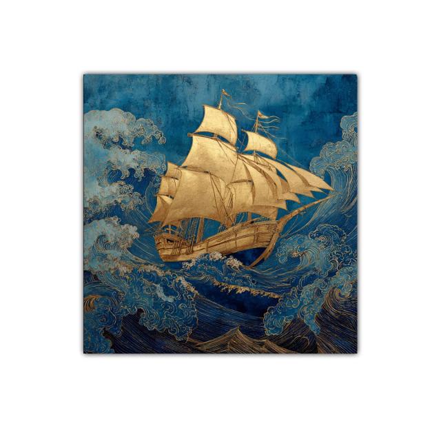 Barco dorado navegando entre olas en tonos azules