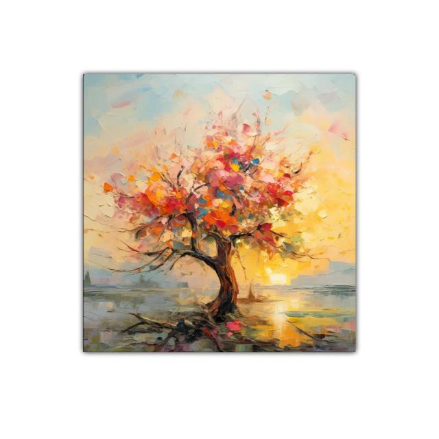 Árbol colorido al atardecer con vibrantes tonalidades cálidas