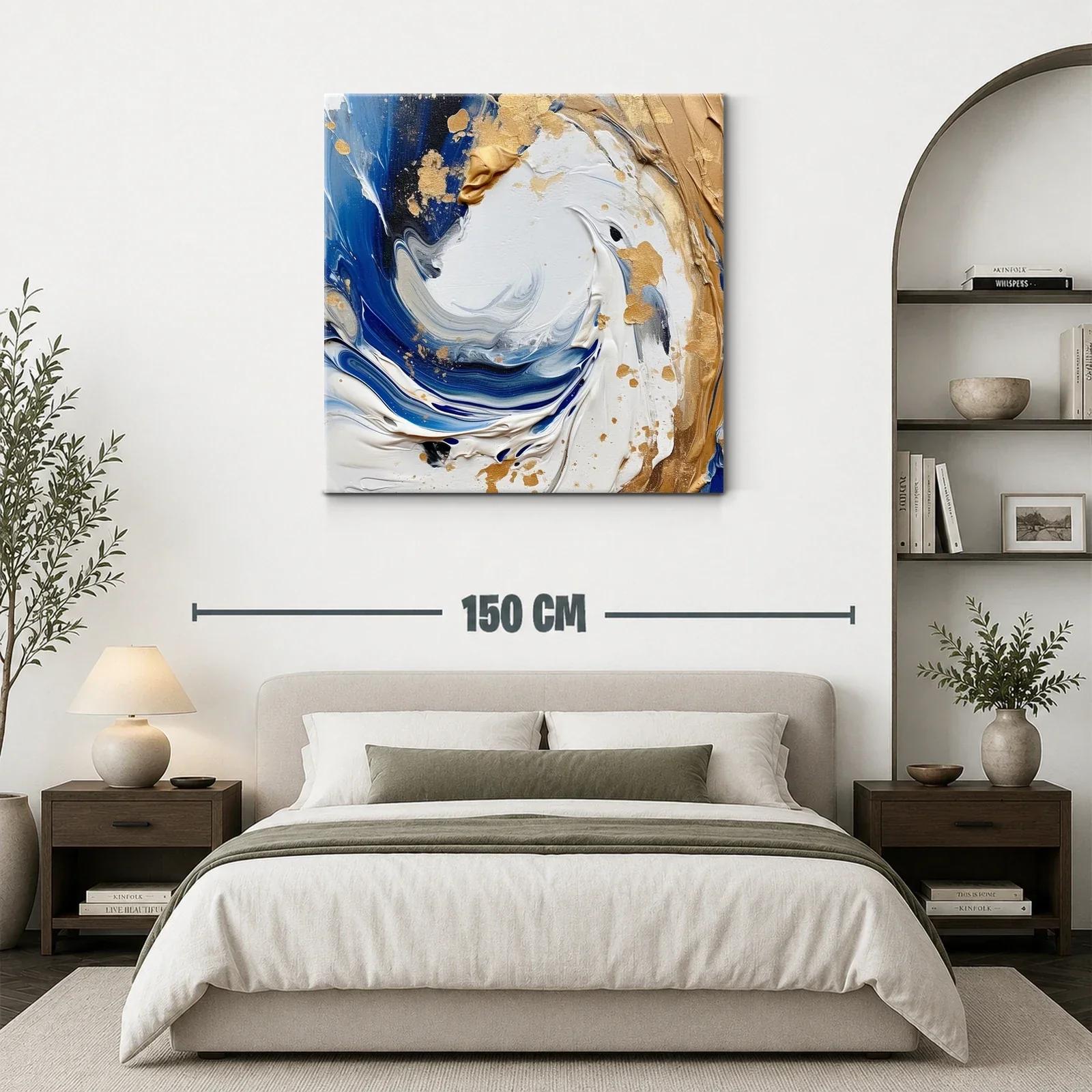 Cuadro abstracto en tonos azules y dorados con textura — miniatura 3
