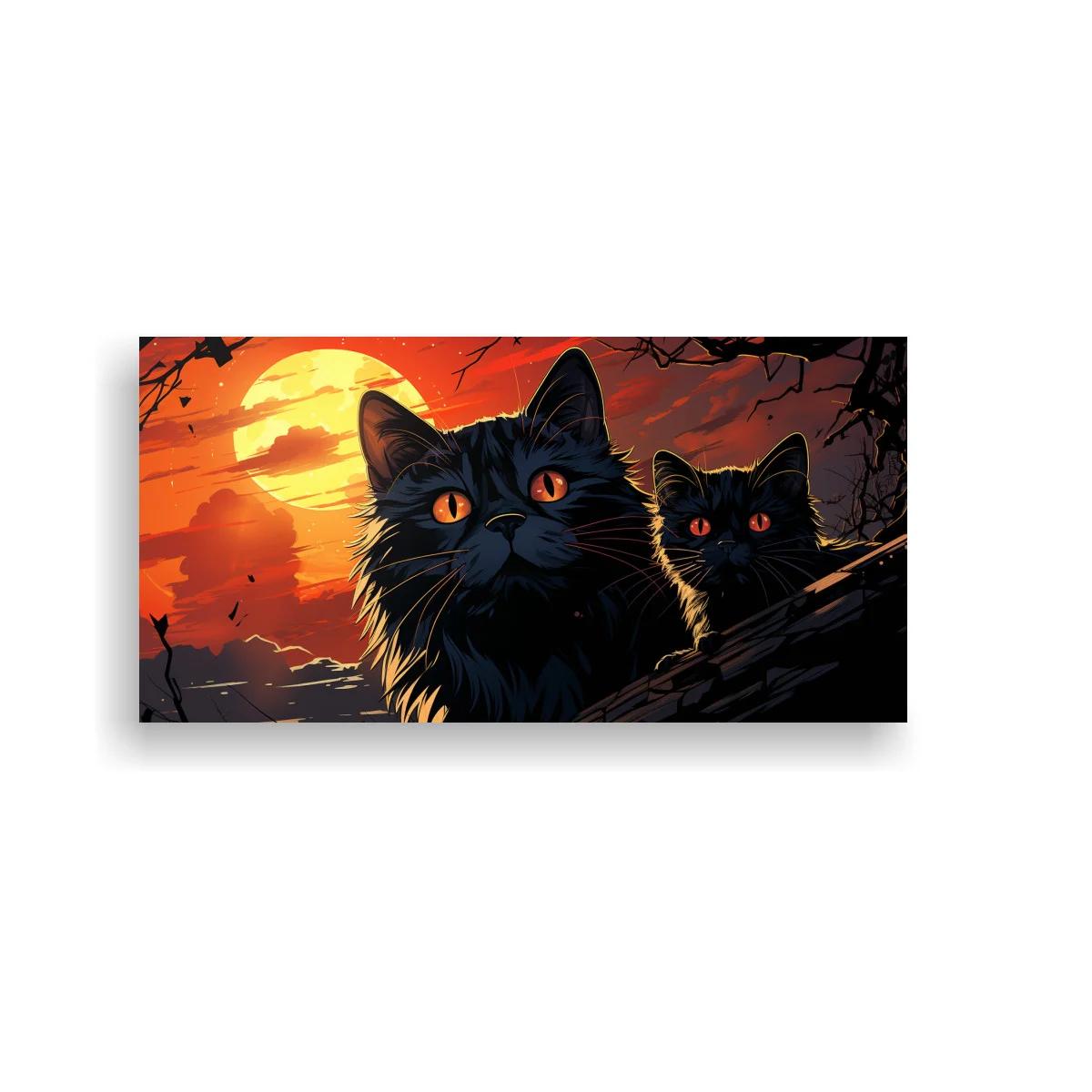 Cuadro dos gatos negros sobre luna grande