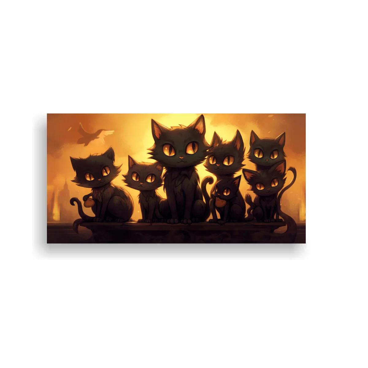 Cuadro grupo de gatos negros con murciélagos volando