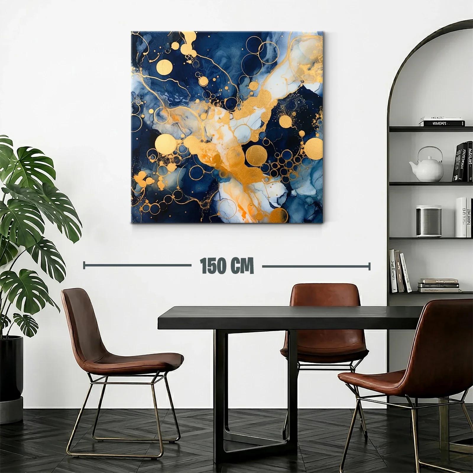 Cuadro abstracto con círculos dorados y tonos azul profundo — miniatura 2