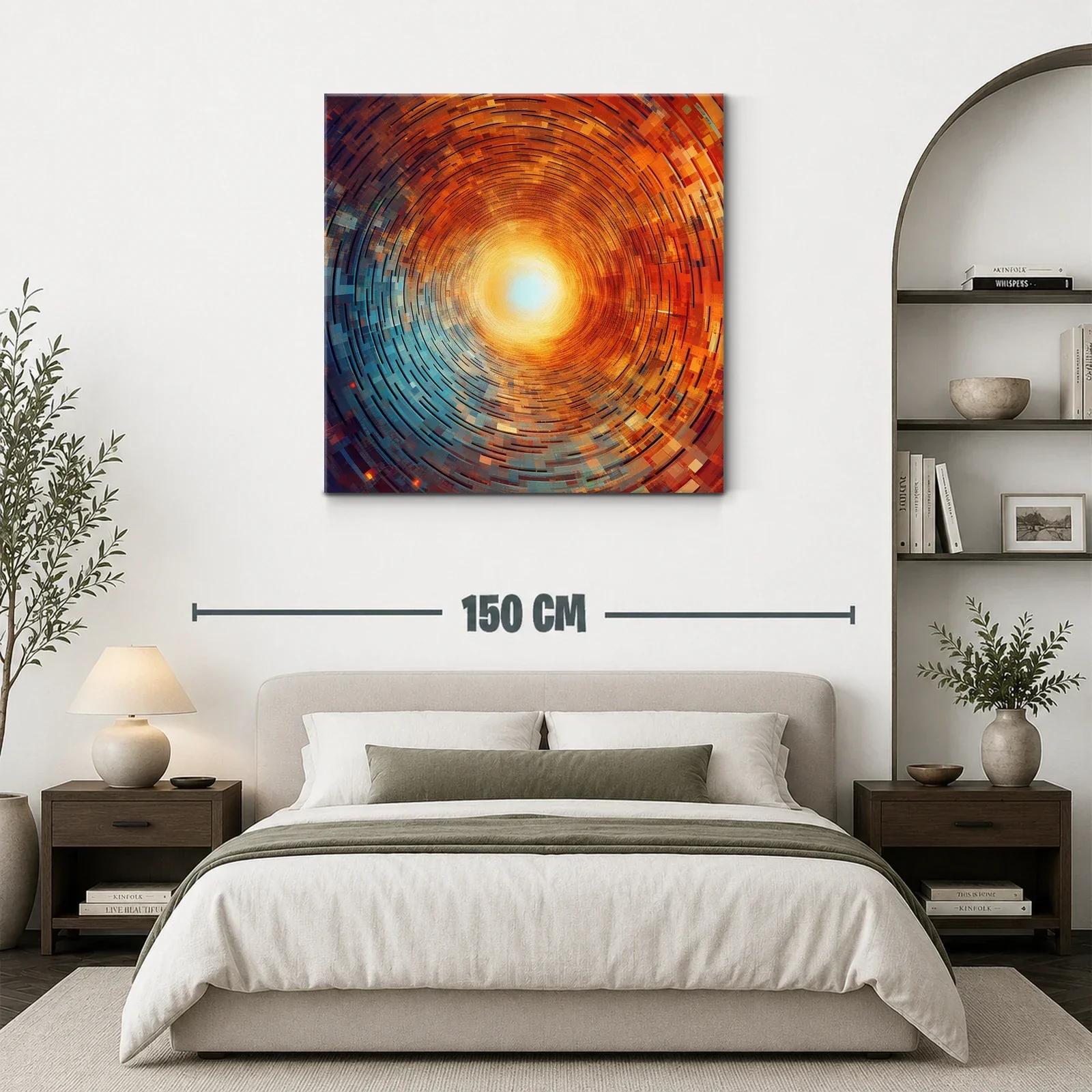Cuadro abstracto con espiral radiante en tonos cálidos y fríos — miniatura 3