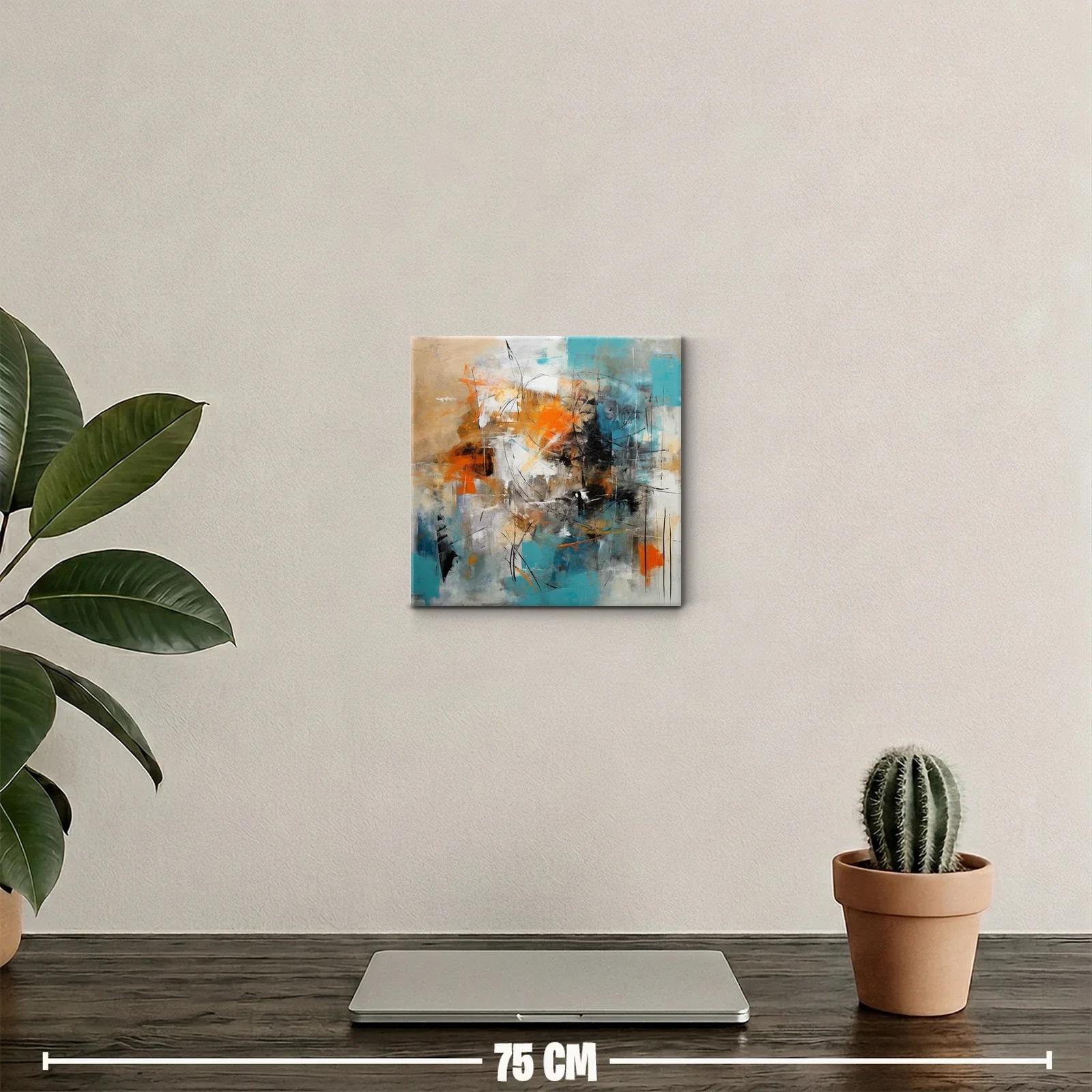 Cuadro abstracto con toques en turquesa y naranja vibrante — miniatura 2