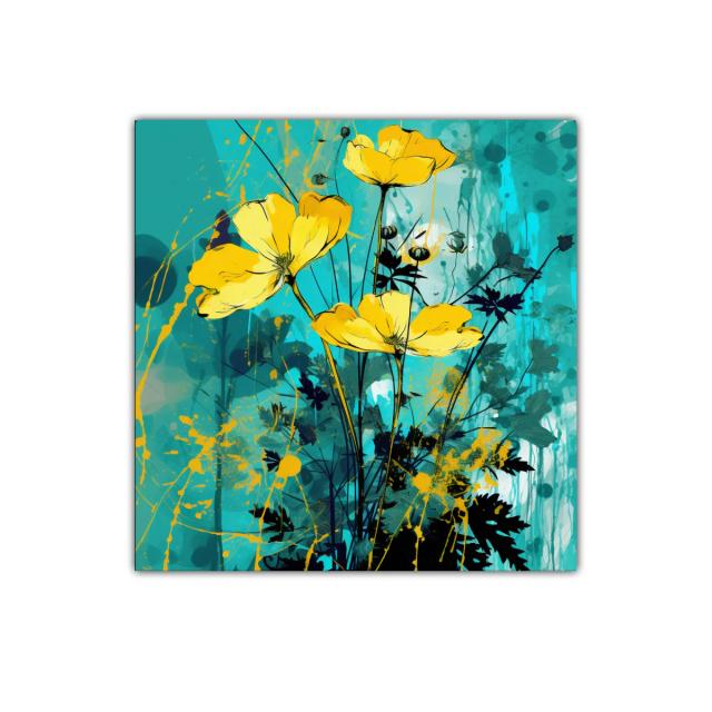 Cuadro decorativo flores amarillas vibrantes con fondo azul